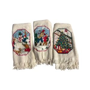 VTG Cannon Christmas Hand Towels Set Of 3 Snowman Tree Winter Thick Cotton